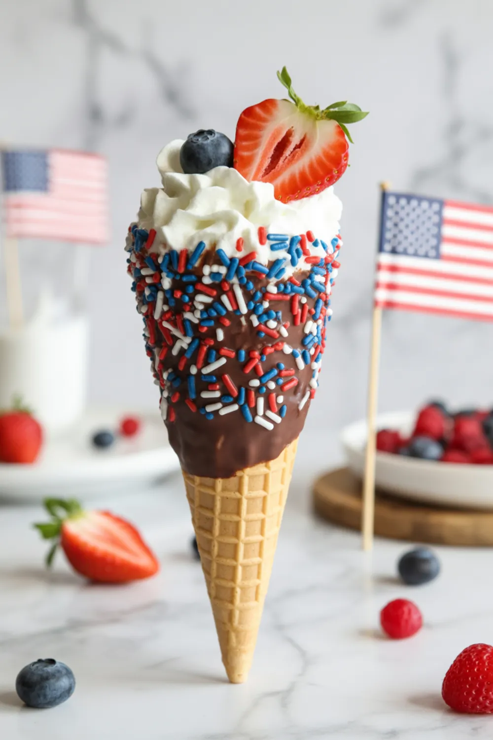 4th of July Waffle Cones with Whipped Cream