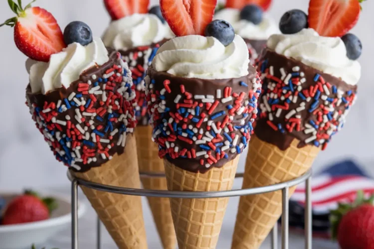 4th of July Waffle Cones with Whipped Cream
