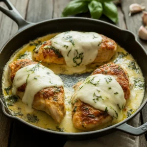 Mozzarella Chicken in Basil Cream Sauce
