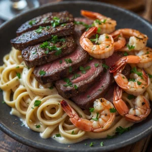 Blackened Steak and Shrimp Alfredo