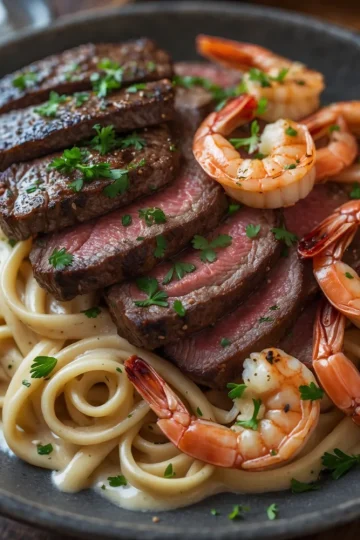 Blackened Steak and Shrimp Alfredo