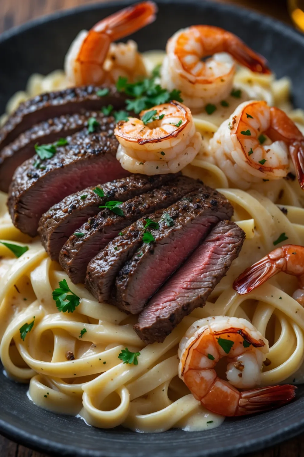 Blackened Steak and Shrimp Alfredo