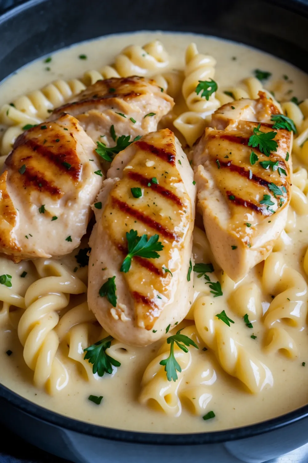 Creamy Garlic Butter Chicken and Rotini in Parmesan Sauce