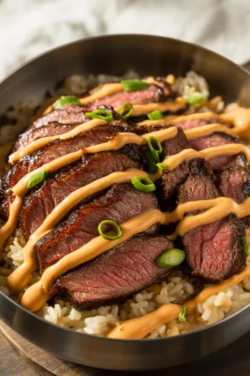 Korean BBQ Steak Rice Bowls with Spicy Cream Sauce
