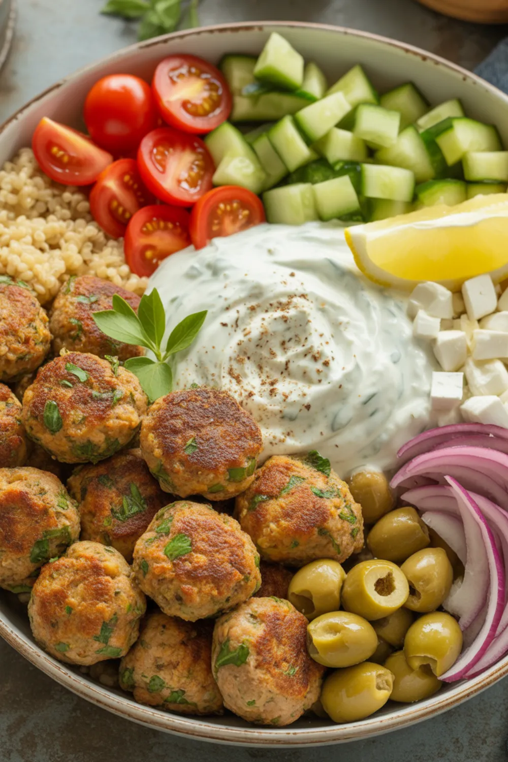 Mediterranean Bowl with Ground Turkey Meatballs