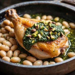 One-Pan Crispy Chicken with Cannellini Beans and Pistachio Pesto