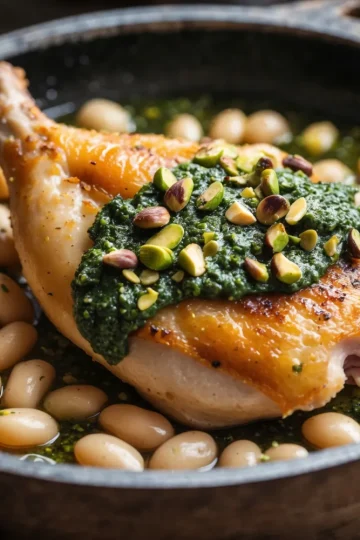One-Pan Crispy Chicken with Cannellini Beans and Pistachio Pesto