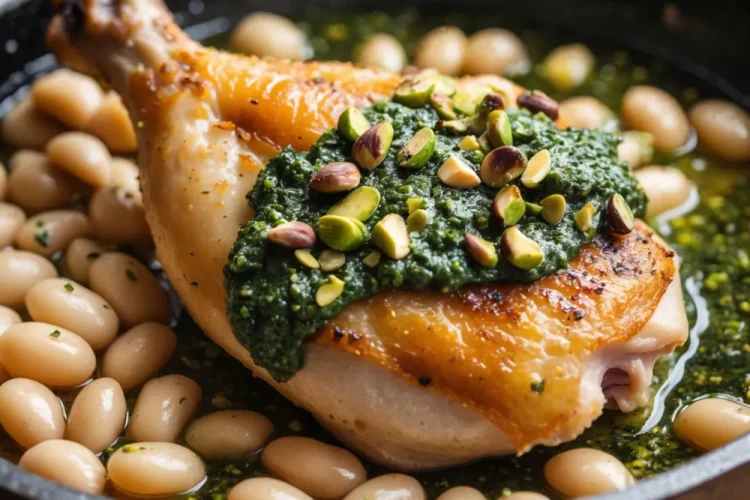 One-Pan Crispy Chicken with Cannellini Beans and Pistachio Pesto