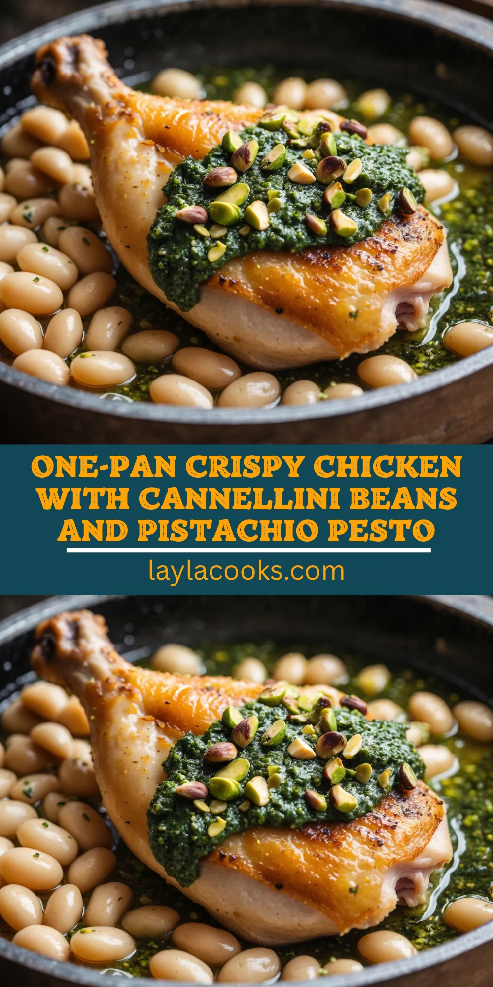 One-Pan Crispy Chicken with Cannellini Beans and Pistachio Pesto