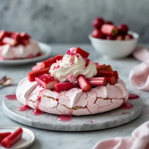Rhubarb and Rosewater Pavlova