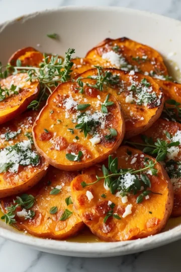 Roasted Sweet Potatoes with Garlic and Parmesan