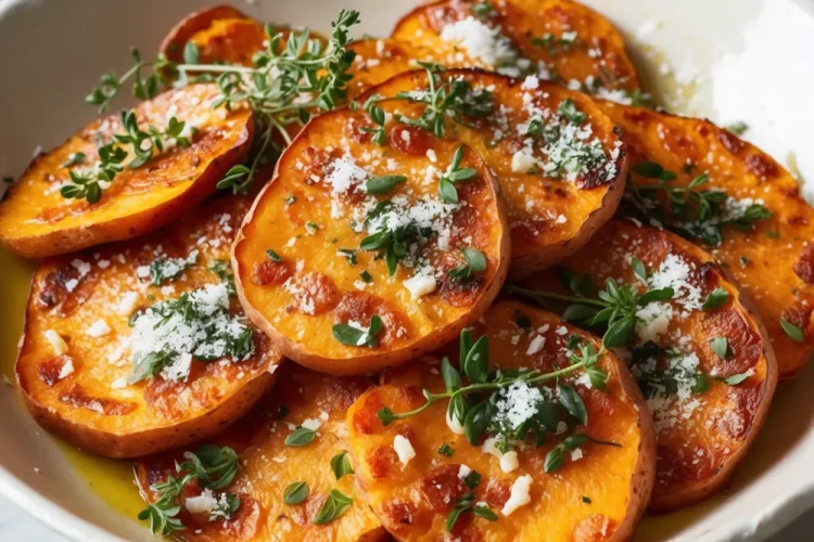 Roasted Sweet Potatoes with Garlic and Parmesan
