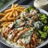 Spinach-Artichoke Greek Chicken Alfredo & Crispy Parmesan Broccoli with Mushroom Basil Cream