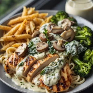 Spinach-Artichoke Greek Chicken Alfredo & Crispy Parmesan Broccoli with Mushroom Basil Cream