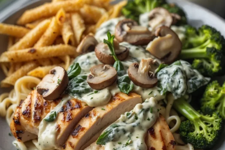 Spinach-Artichoke Greek Chicken Alfredo & Crispy Parmesan Broccoli with Mushroom Basil Cream