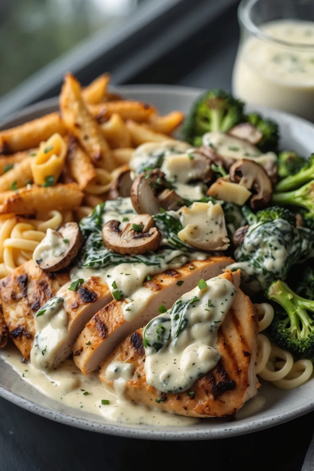 Spinach-Artichoke Greek Chicken Alfredo & Crispy Parmesan Broccoli with Mushroom Basil Cream