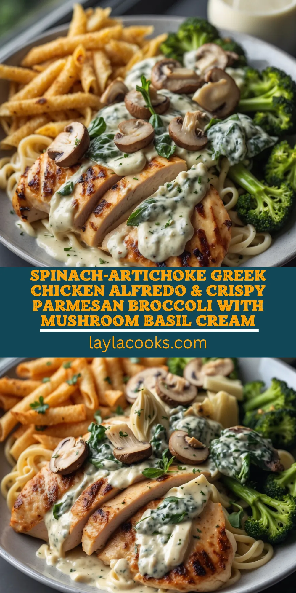 Spinach-Artichoke Greek Chicken Alfredo & Crispy Parmesan Broccoli with Mushroom Basil Cream