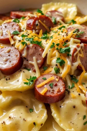 Crockpot Pierogi Casserole with Kielbasa
