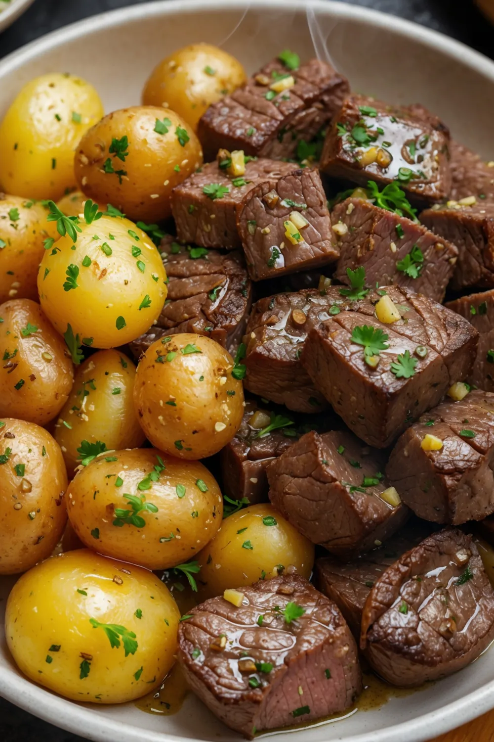 Garlic Butter Steak Bites and Potatoes