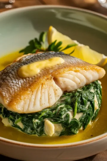 Lemon-Garlic Sea Bass with Creamed Spinach