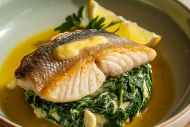 Lemon-Garlic Sea Bass with Creamed Spinach