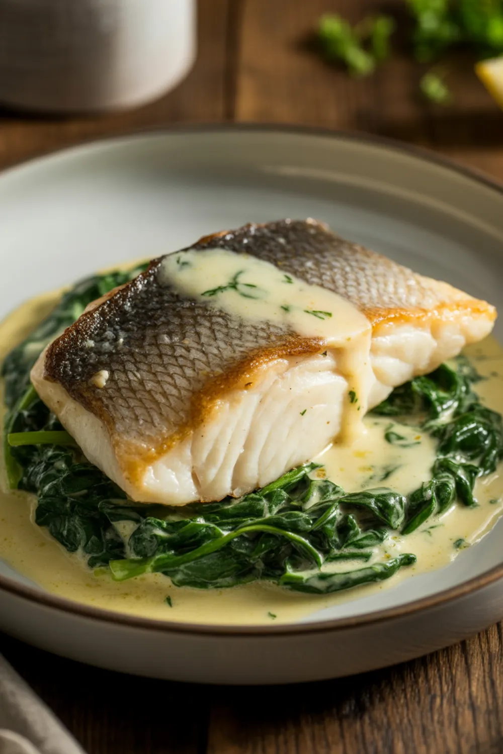Lemon-Garlic Sea Bass with Creamed Spinach