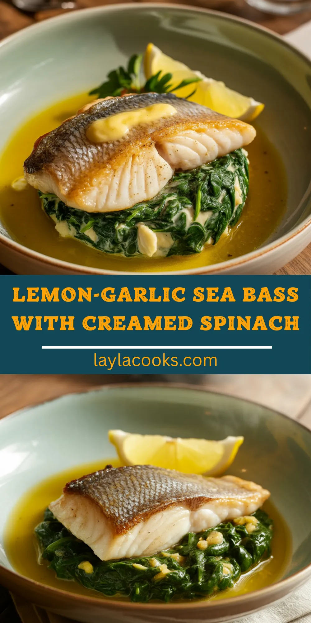 Lemon-Garlic Sea Bass with Creamed Spinach